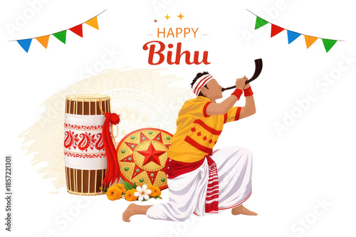 Happy magh bihu festive celebration with traditional musical instruments and colorful decorations isolated on white