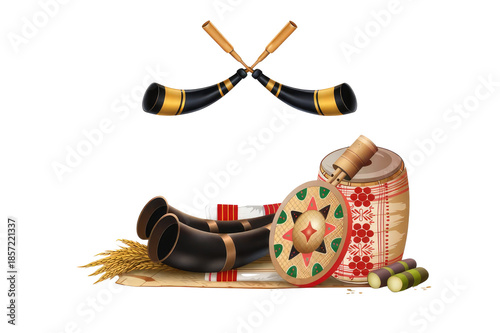 Happy magh bihu traditional musical instruments and food items celebrating the festive spirit of the occasion pure white background cutout