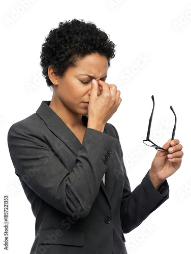 Stressed businesswoman rubbing her eyes, holding glasses, isolated on white. Headache, fatigue, overworked professional, burnout, sadness