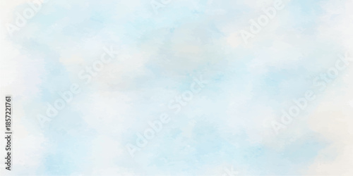 A beautiful abstract watercolor background of a clear blue sky featuring bright white fluffy clouds and a soft summer texture to create a peaceful nature atmosphere