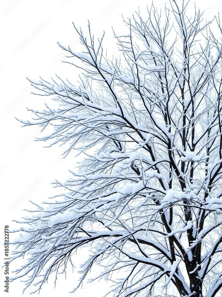 Obraz premium Snow-covered branches of a tree against a stark white background, highlighting winter's stillness, tree, outdoors