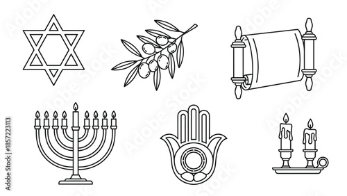 Jewish faith symbols including Star of David and menorah, Generative AI.
