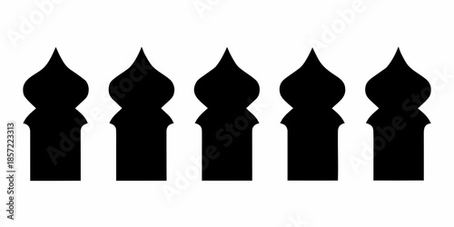 A series of five black ornate fence posts in a linear arrangement