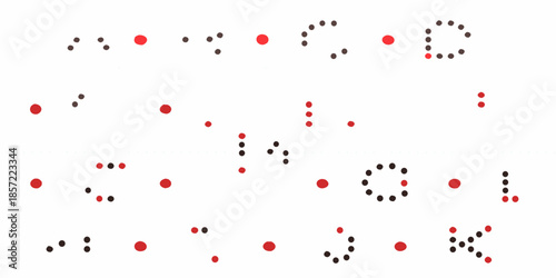Arrangement of red and black dots forming scattered patterns on a white background