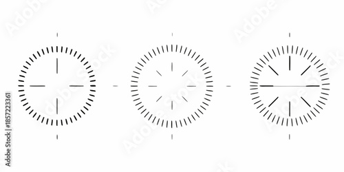 Minimalist depiction of three analog clocks showing different times