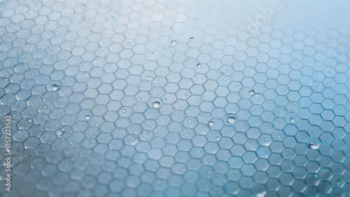 Close-up of water droplets on a hexagonal textured surface with a blue gradient background