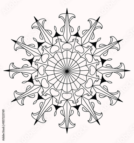 Black and white symmetrical geometric mandala with intricate linework and pointed elements vector