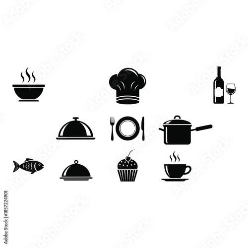 black and white restaurant icons on white background