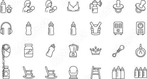 Large set of maternity and baby care line icons featuring nursing mothers feeding bottles pacifiers rocking chairs and nursery equipment isolated on white