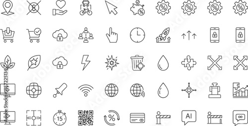 Comprehensive collection of black linear outline icons featuring food autumn harvest thanksgiving celebrations and general dining symbols on white