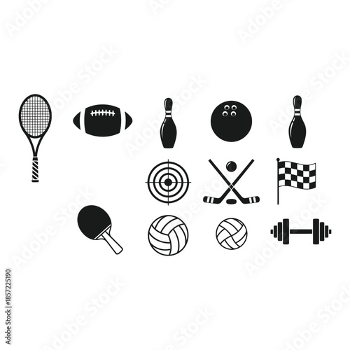 black and white sports icons on white background