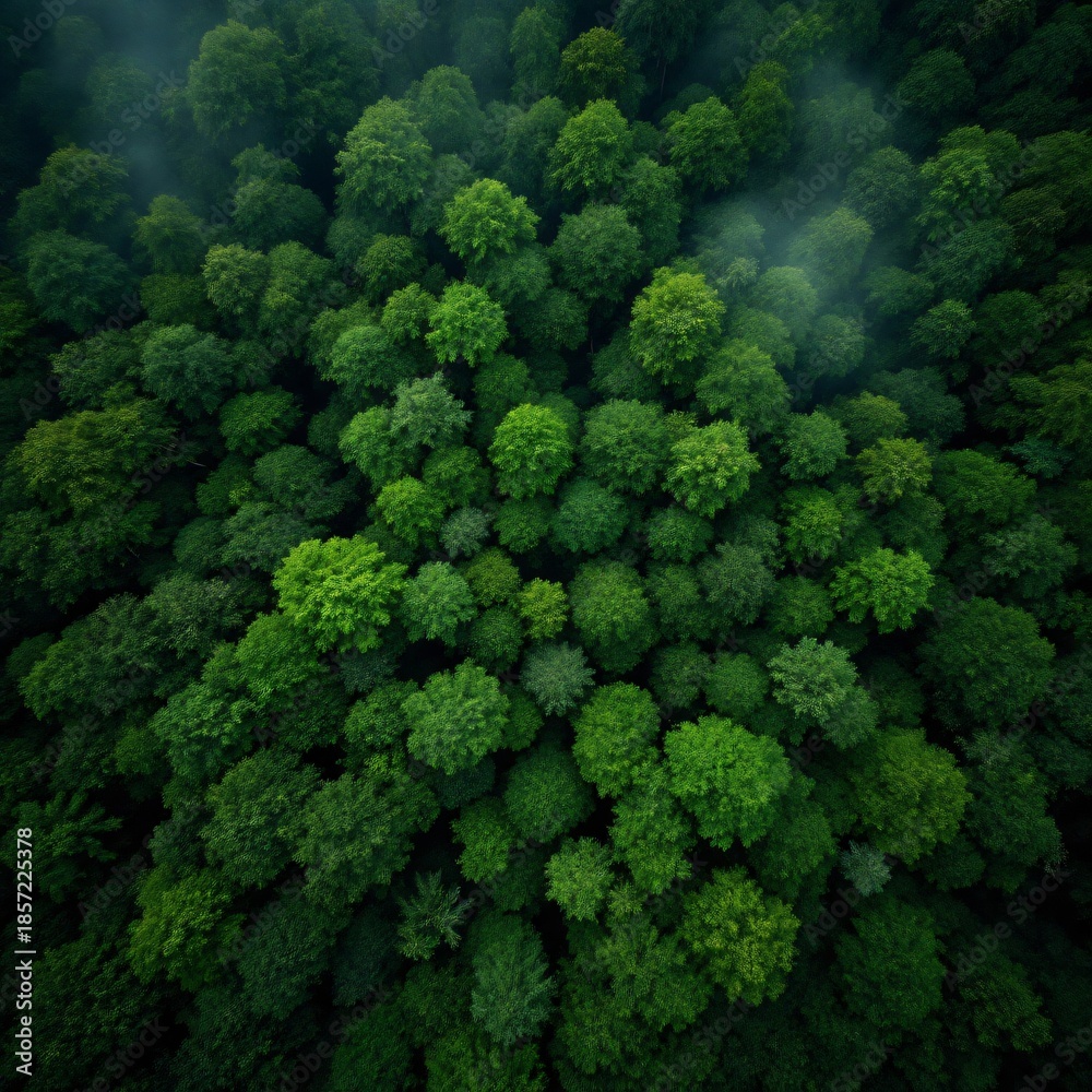Fototapeta premium Aerial view of a lush, dense green forest with a hint of mist, showcasing the vibrant canopy from above.