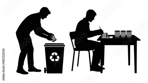 Silhouettes of men engaged in environmental responsibility and creative work, one disposing of items in a recycling bin, the other working at a desk with containers.