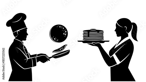 Black and white silhouette illustration of a chef flipping pancakes in a pan and a waitress serving a stack of pancakes on a tray.