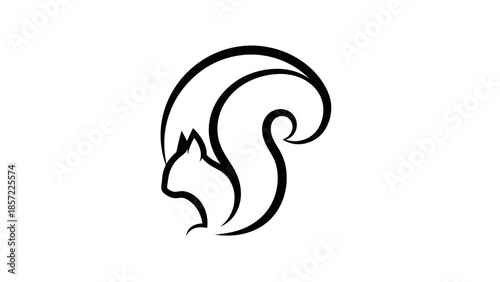 Minimalist black and white line art illustration of a squirrel with a stylized, curving tail.