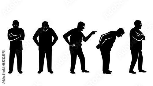 Silhouettes of five men displaying various emotional states including anger, authority, and submission on a white background.