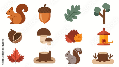 Collection of flat design autumn and forest elements including squirrels, leaves, nuts, mushrooms, and tree stumps on a white background.
