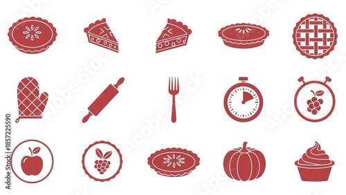 A collection of red and white baking and dessert icons including various pies, slices, baking tools, kitchen timers, fruits, and a cupcake.