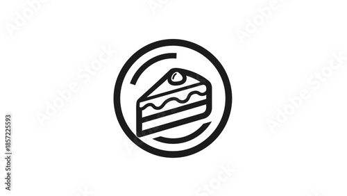 Black and white line art icon of a delicious slice of cake with frosting and a cherry on top, enclosed in a swirling circular frame.