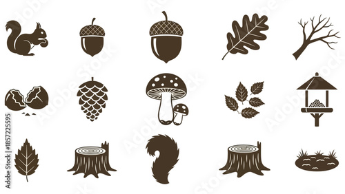 Collection of monochrome nature and forest icons including squirrel, acorns, leaves, mushrooms, tree stumps, and a bird feeder.