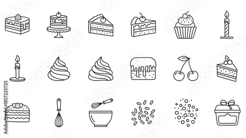 Collection of black and white line art icons featuring various desserts, baking tools, and decorative elements like cakes, cupcakes, candles, and sprinkles.