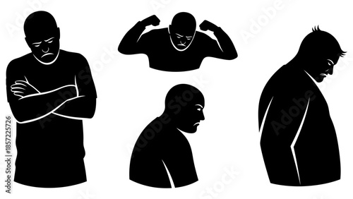 Silhouettes of men depicting various negative emotions such as anger, sadness, and frustration on a white background.