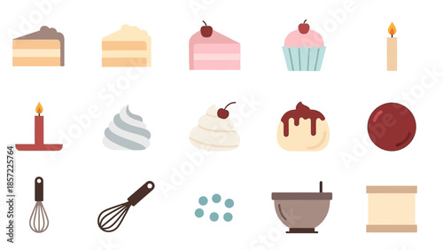 A collection of flat design icons featuring various baking ingredients, tools, and desserts like cakes, cupcakes, and whipped cream.