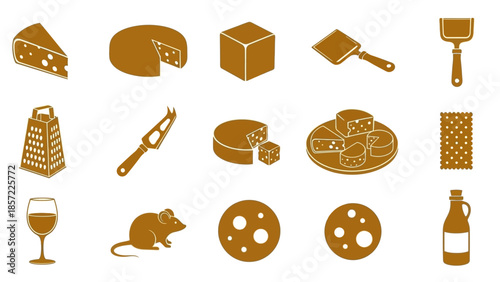 A collection of monochrome brown icons depicting various cheese products, cheese-making tools, a wine glass, and a mouse, all related to dairy and culinary themes.