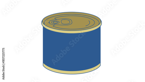 A simple illustration of a blue tin can with a golden lid and base, featuring a pull-tab opener design.