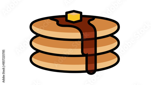 Cartoon illustration of a stack of three golden brown pancakes topped with maple syrup and a square pat of yellow butter.