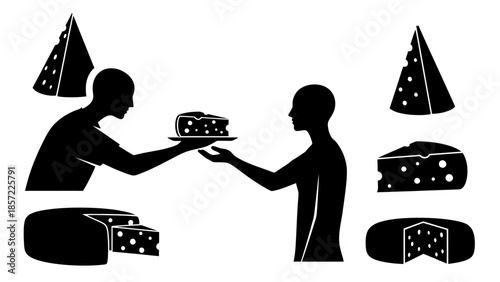 Silhouettes of two people exchanging a piece of cheese, surrounded by various cheese shapes and wedges.