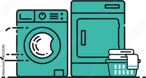 Efficient home laundry setup featuring a washing machine and clothes dryer, ready to clean garments, accompanied by a basket of fresh towels in a modern flat line art style illustration