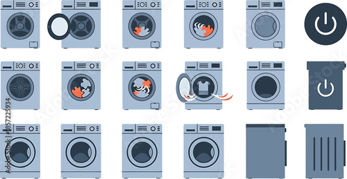 Diverse set of washing machine icons showing various operational stages from loading to power, suitable for digital interfaces and household appliance illustrations
