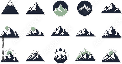Collection of stylized mountain range illustrations in various shapes and colors, perfect for adventure and outdoor themes