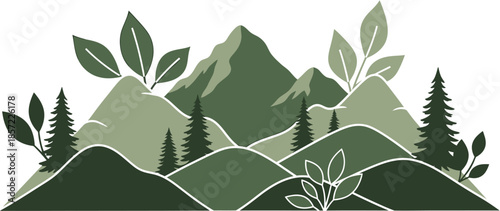 Stylized natural landscape illustration featuring rolling hills, peaks, and foliage in varying shades of green