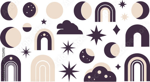 Aesthetic collection of mystical and celestial vector elements, featuring crescent moons, stars, abstract rainbows, and clouds, ideal for bohemian design projects
