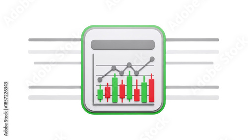 3D Candlestick Chart with Upward Trend and Grey Line Graph on transparent background
