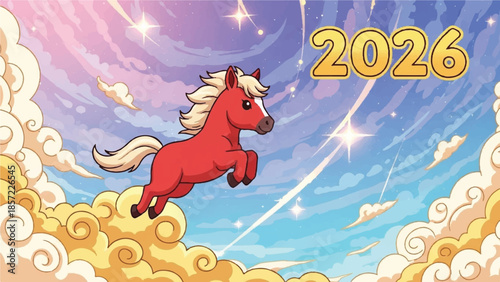 Red horse flying on clouds. Year 2026. Vector illustration of horse in sky with stars. Chinese zodiac symbol. New Year background. Celestial scene.