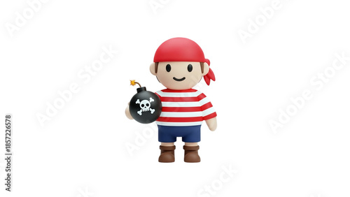 3D Cartoon pirate boy holding a bomb with skull and crossbones on transparent background