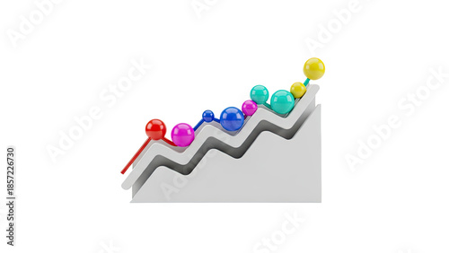 3D Colorful spheres on a rising graph on transparent background
