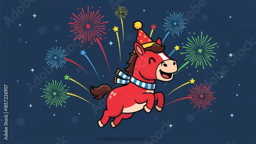 Happy horse wearing party hat. Red horse with blue scarf. Fireworks explosion. Vector illustration. Celebration background. Party design element. Festive horse. Colorful fireworks. Night