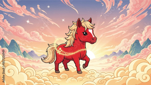 Cartoon red horse. Mythical horse illustration. Horse in clouds. Fantasy sunset background. Vector illustration.