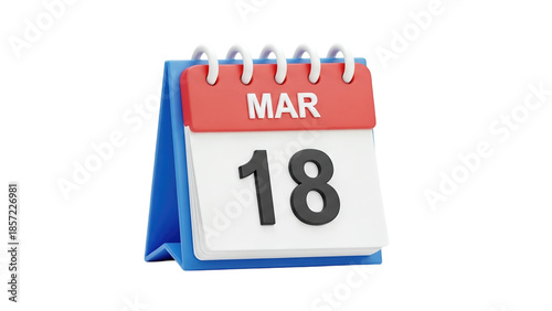 3D Desk Calendar with March 18 Date on transparent background