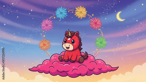 Unicorn on pink cloud. Colorful fireworks. Night sky background. Vector illustration. Fantasy creature. Dreamy scene. Rainbow explosion. Magic animal. Whimsical design. Cloud shape.