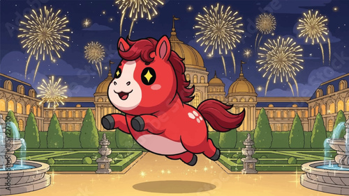 Red cartoon horse jumping. Happy horse illustration. Fireworks in night sky. Palace and fountain background. Vector cartoon. Animal character design. Celebration scene. Festive atmosphere.