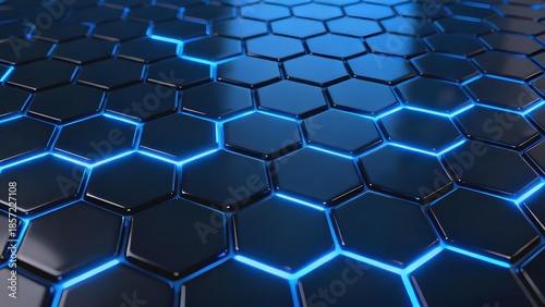 Dark hexagonal grid with glowing blue edges, creating a futuristic technological surface