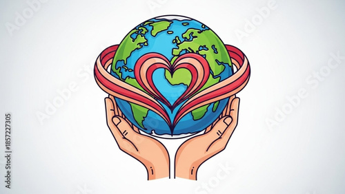 Hands cradling a vibrant globe with a red heart symbol encircling it, representing love and care for the earth and environment
