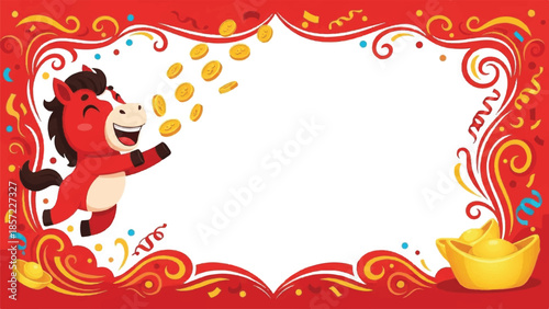 Chinese New Year frame. Red border with horse and gold coins. Festive decoration. Vector illustration for holiday greeting card. Celebration background. Gold ingot. Colorful design element.