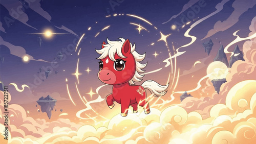 Cute cartoon unicorn. Red and white fantasy creature. Flying on clouds with stars and sparkles. Magical dreamy scene. Vector illustration.