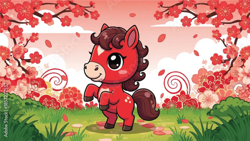 Red cartoon horse. Cherry blossom background. Pink flowers. Green grass. Cartoon animal. Vector illustration. Spring season. Pink sky. White clouds. Brown mane.